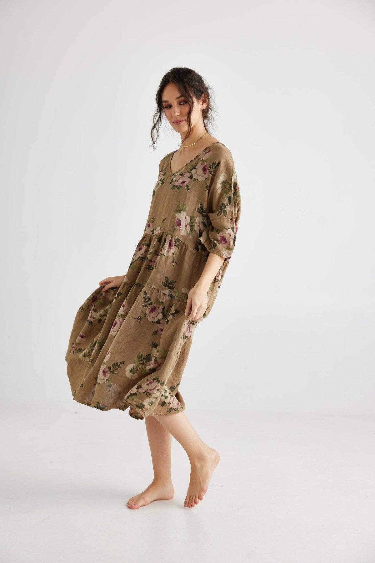 Stella Floral Linen dress. Olive Branch Rose