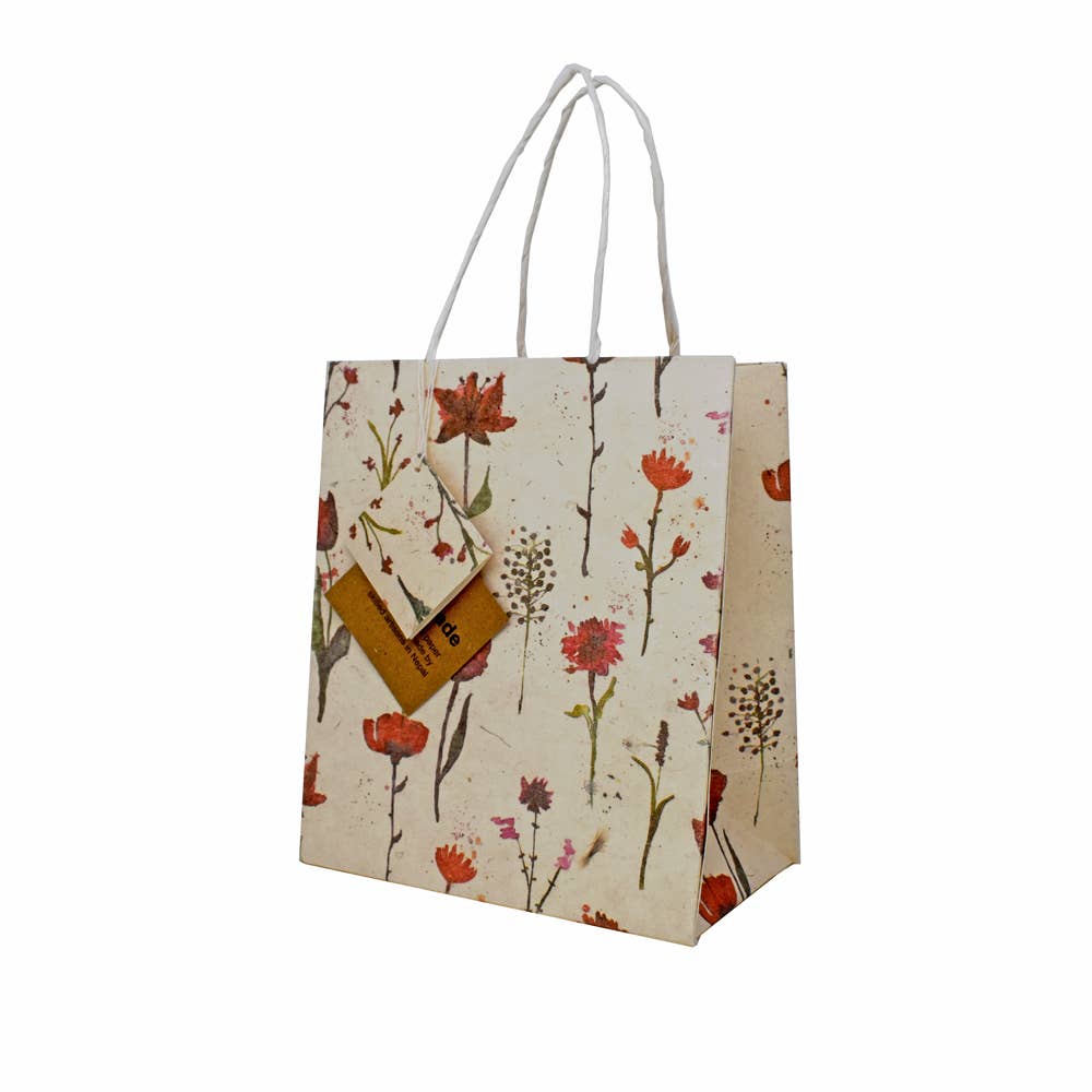 Handmade Lokta Paper Gift Bag Red flowers on Beige 2 Sizes